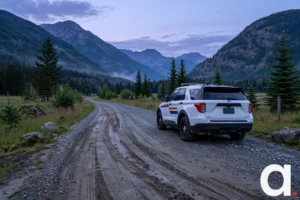 White police SUV on a gravel road in a mountain valley with evergreen trees, with the Apna News watermark.