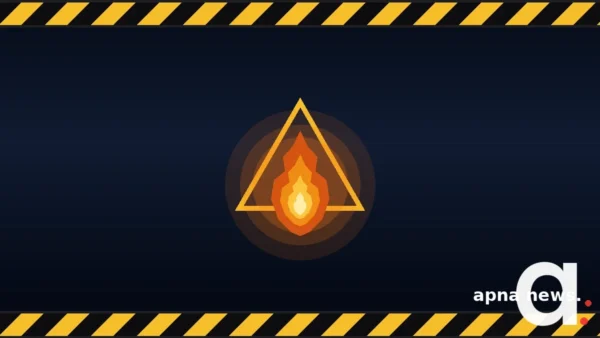 Caution tape border with a fire warning triangle icon on a dark background, with the Apna News watermark.