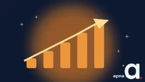 Illustration of a gold upward-trending arrow chart over a dark blue background with coins and sparkles, representing growth in the Women Entrepreneurship Loan Fund.