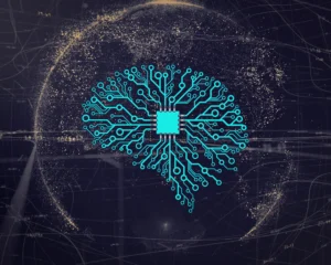 Circuit patterns form a brain shape around a computer chip over a digital globe