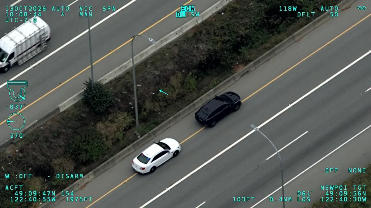 RCMP Air 1 helicopter view of a black Cadillac SUV and an unmarked BC Highway Patrol car on Highway 1 in Surrey