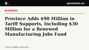Headline card: Province Adds $90 Million in Tariff Supports, Including $30 Million for a Renewed Manufacturing Jobs Fund - Graphic: Apna News
