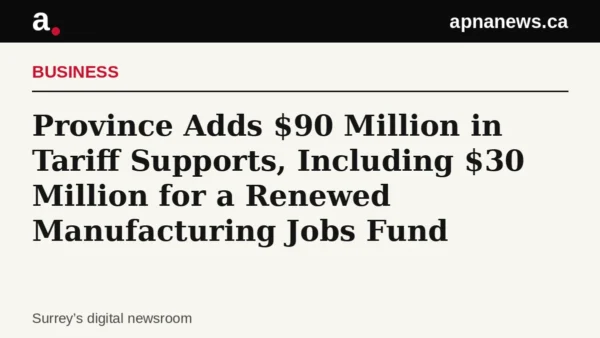 Headline card: Province Adds $90 Million in Tariff Supports, Including $30 Million for a Renewed Manufacturing Jobs Fund - Graphic: Apna News