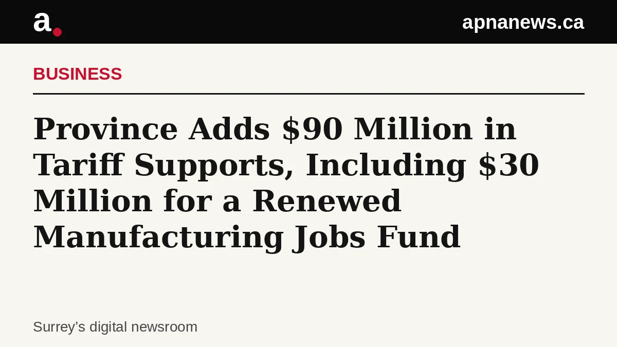 Headline card: Province Adds $90 Million in Tariff Supports, Including $30 Million for a Renewed Manufacturing Jobs Fund - Graphic: Apna News