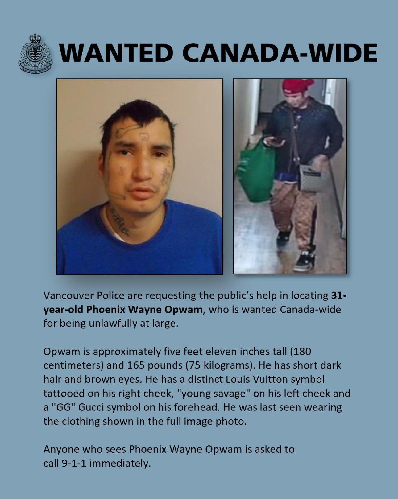 VPD wanted poster for Phoenix Wayne Opwam, wanted Canada-wide