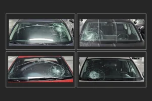 Four smashed vehicle windshields in a Burnaby RCMP photo collage