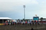Cloverdale Rodeo flags and crowd