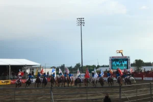 Cloverdale Rodeo flags and crowd