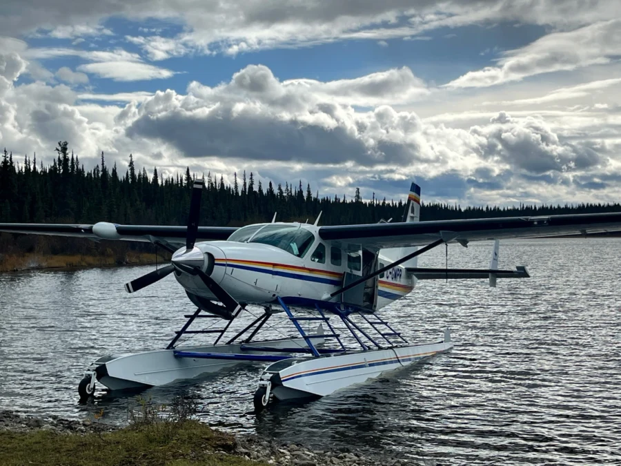 An RCMP float plane on the shore of a remote lake in the Skeena Region during hunting patrols near Dease Lake and Atlin