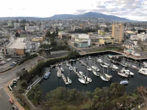 Downtown Nanaimo buildings and marina viewed from above