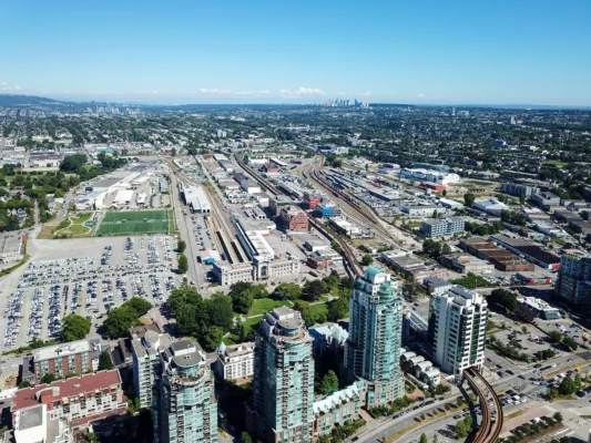 Aerial view of East Vancouver rail yards and towers
