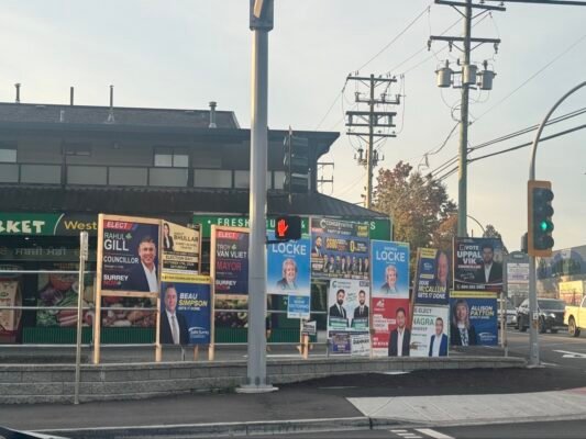 Campaign signs at 132 Street and 80 Avenue in Surrey