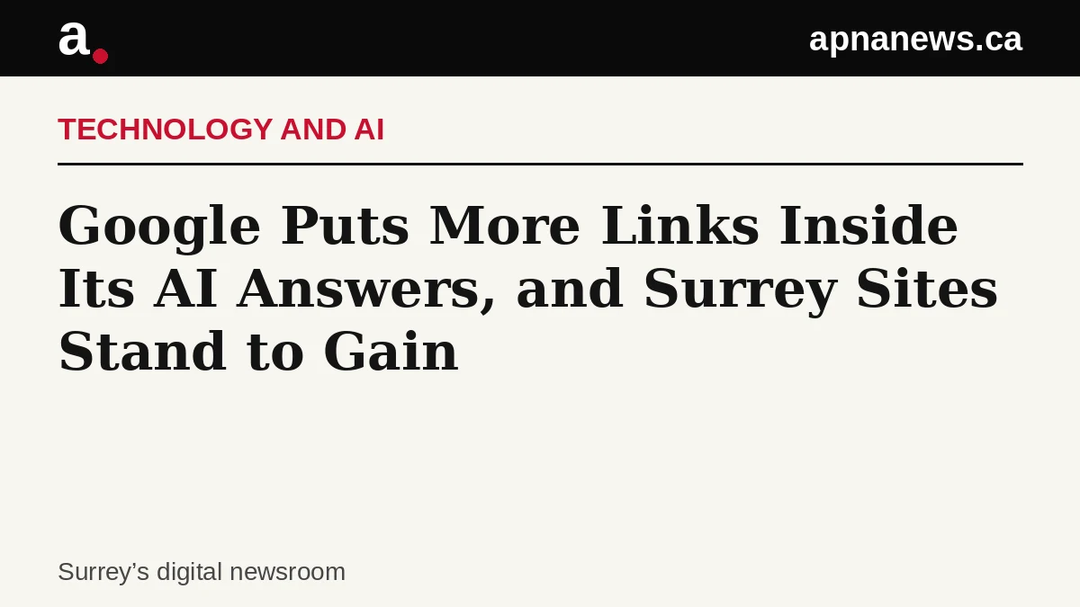 Headline card: Google Puts More Links Inside Its AI Answers, and Surrey Sites Stand to Gain - Graphic: Apna News