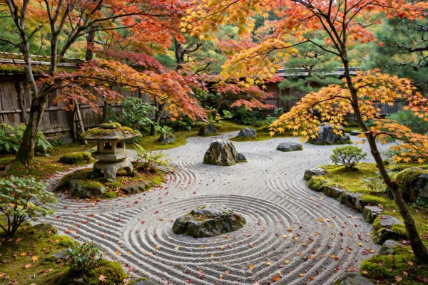 Japanese rock garden with stone lantern and autumn maple trees