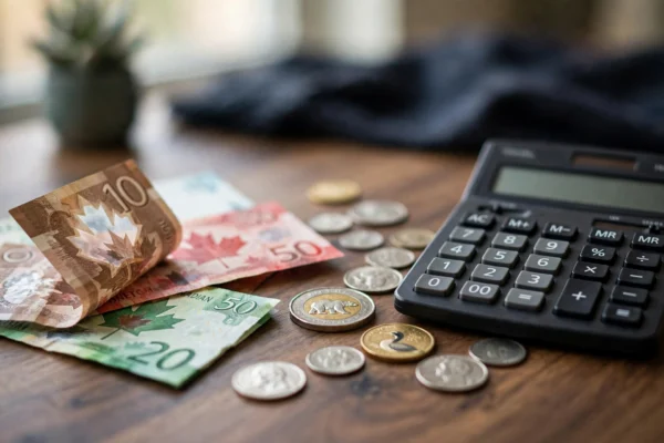 Canadian dollar bills and coins with calculator, tax concept