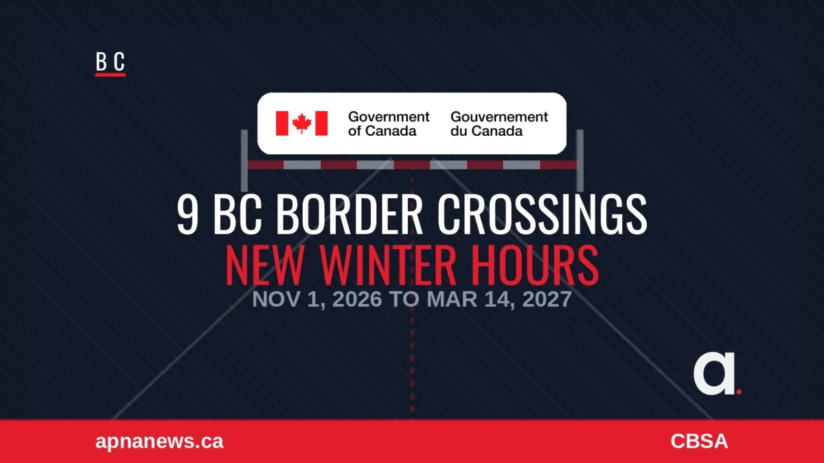 CBSA graphic: 9 BC border crossings, new winter hours Nov 1 to Mar 14