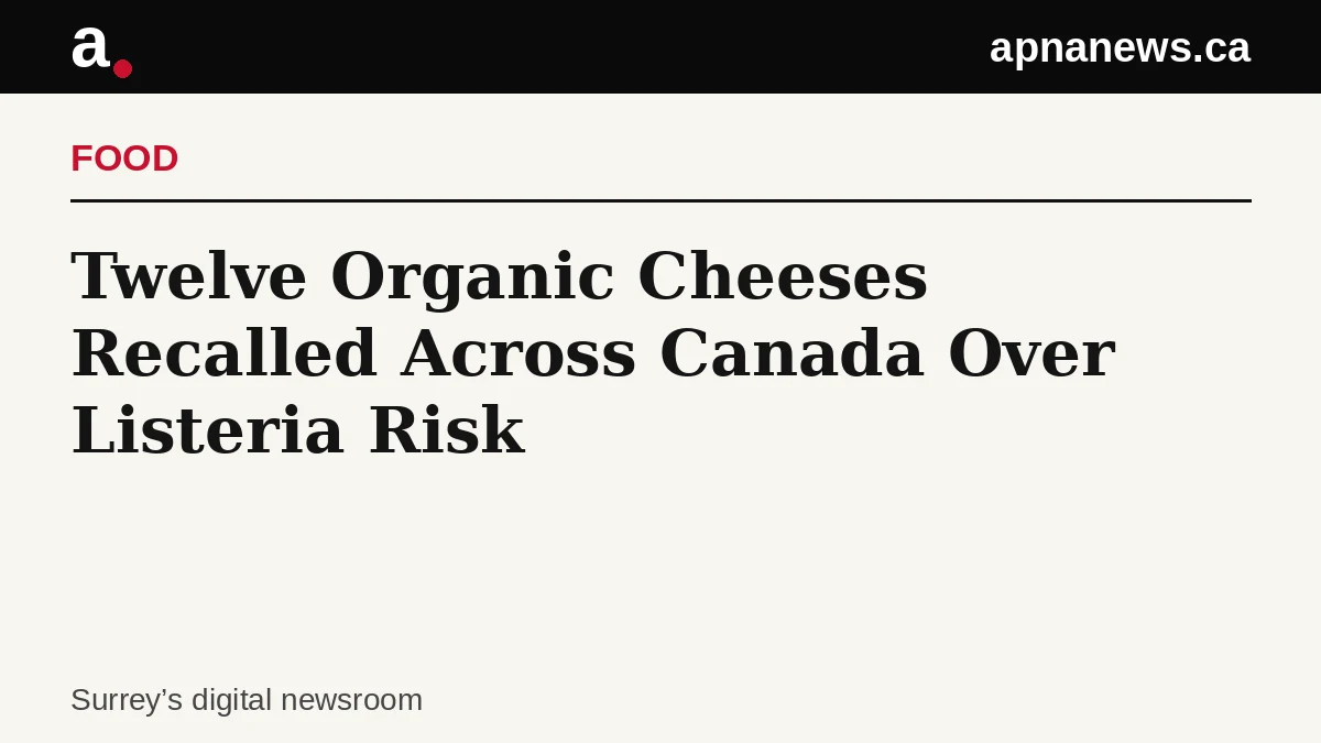 Headline card: Twelve Organic Cheeses Recalled Across Canada Over Listeria Risk - Graphic: Apna News
