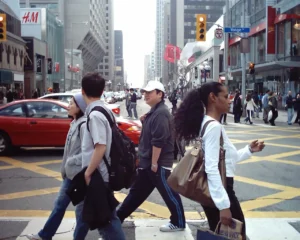 Pedestrians crossing the street at a marked crosswalk in Toronto.