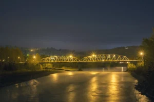 The bridge over the Quesnel River at Quesnel, lit up at night