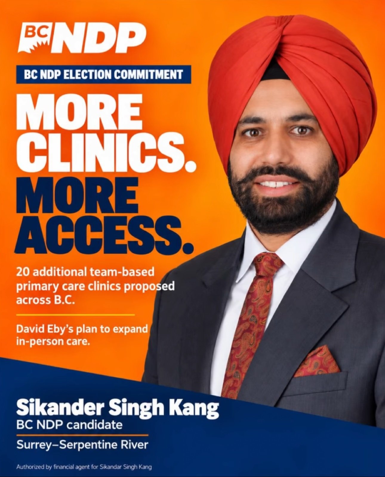 Sikander Kang campaign graphic: More clinics. More access.