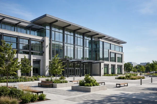 Modern city hall building with public plaza