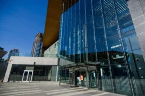 Surrey City Hall glass facade and entrance plaza in Surrey City Centre