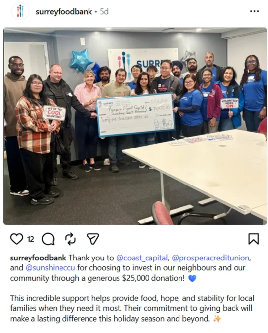 Surrey Food Bank volunteers and staff with the $25,000 ceremonial cheque from Prospera, Coast Capital and Sunshine Coast Financial