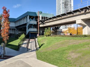 King George SkyTrain station in Surrey under the elevated Expo Line guideway