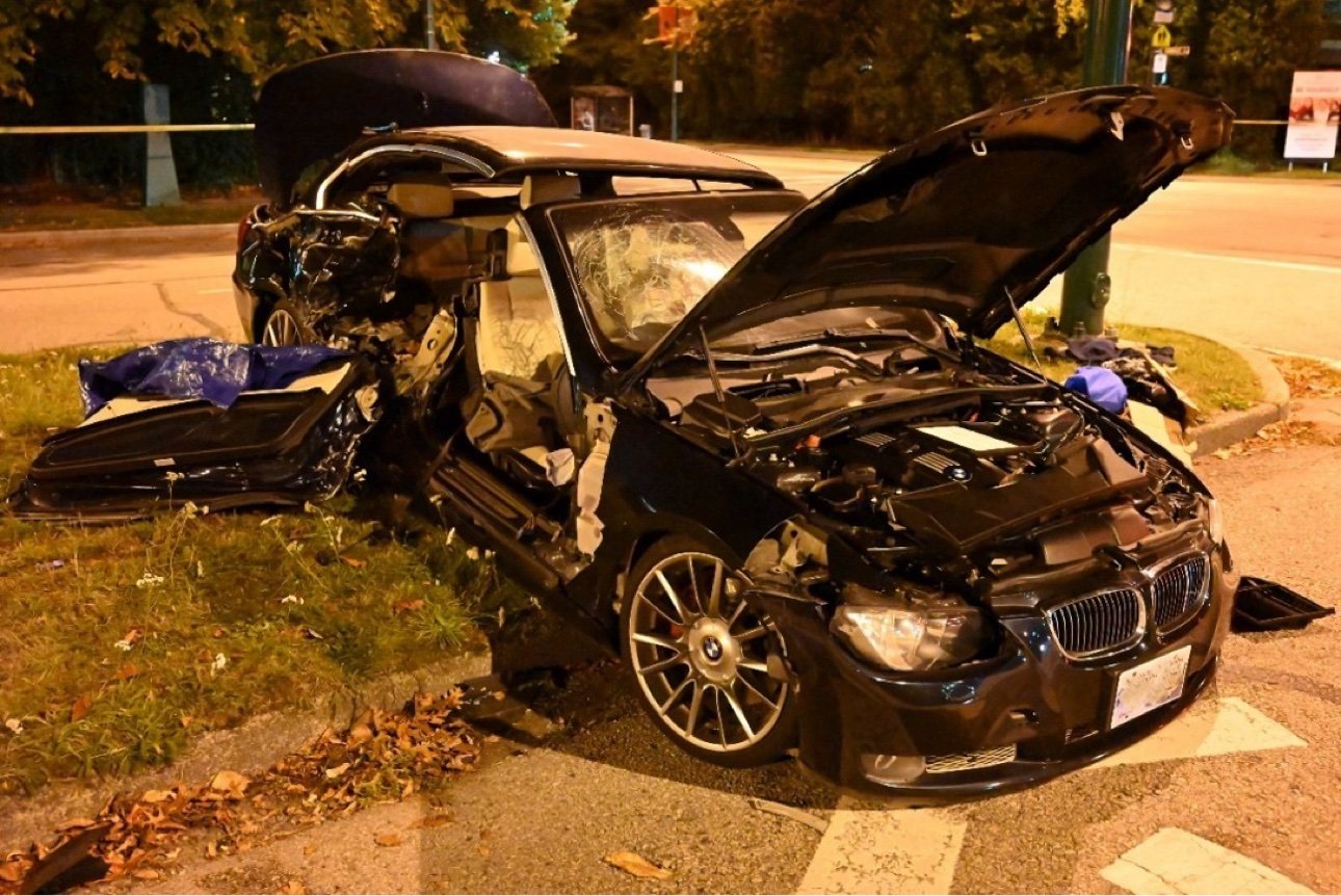 The damaged BMW from the Oct. 7, 2023 crash at Granville and King Edward that killed 18-year-old Dana Oh. Photo: Vancouver Police Department