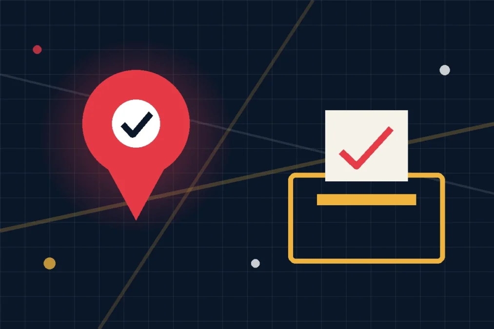Illustration of a map pin and ballot box for the BC Election 2026 Surrey voter guide.