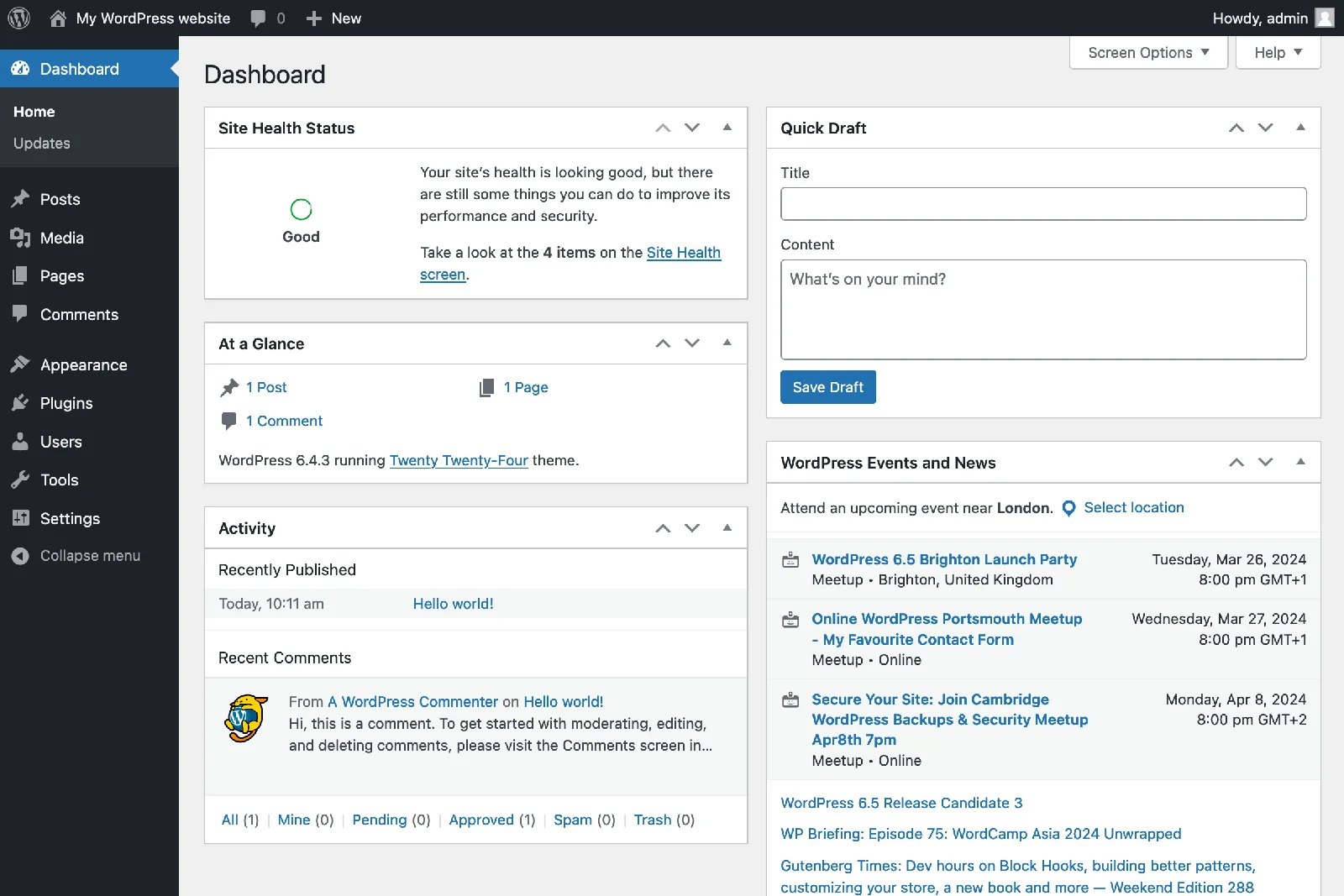 WordPress admin dashboard showing the Site Health Status panel